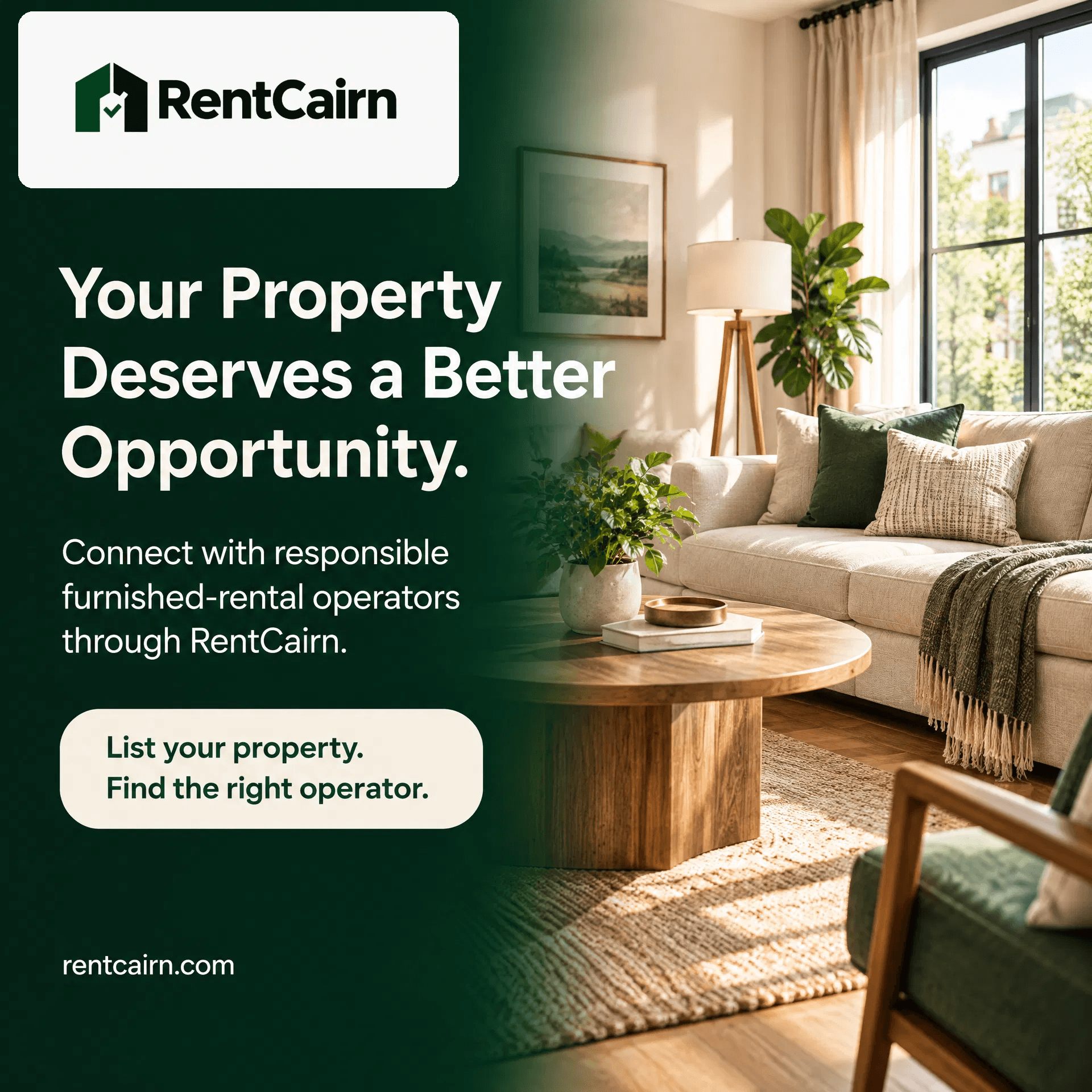 RentCairn campaign showing a bright furnished living room and the promise to connect owners with furnished-rental operators