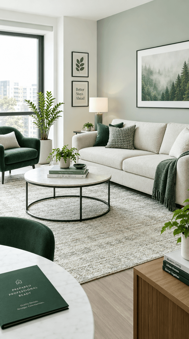 Bright furnished rental living room with green seating, neutral furnishings, and a prepared professional feel